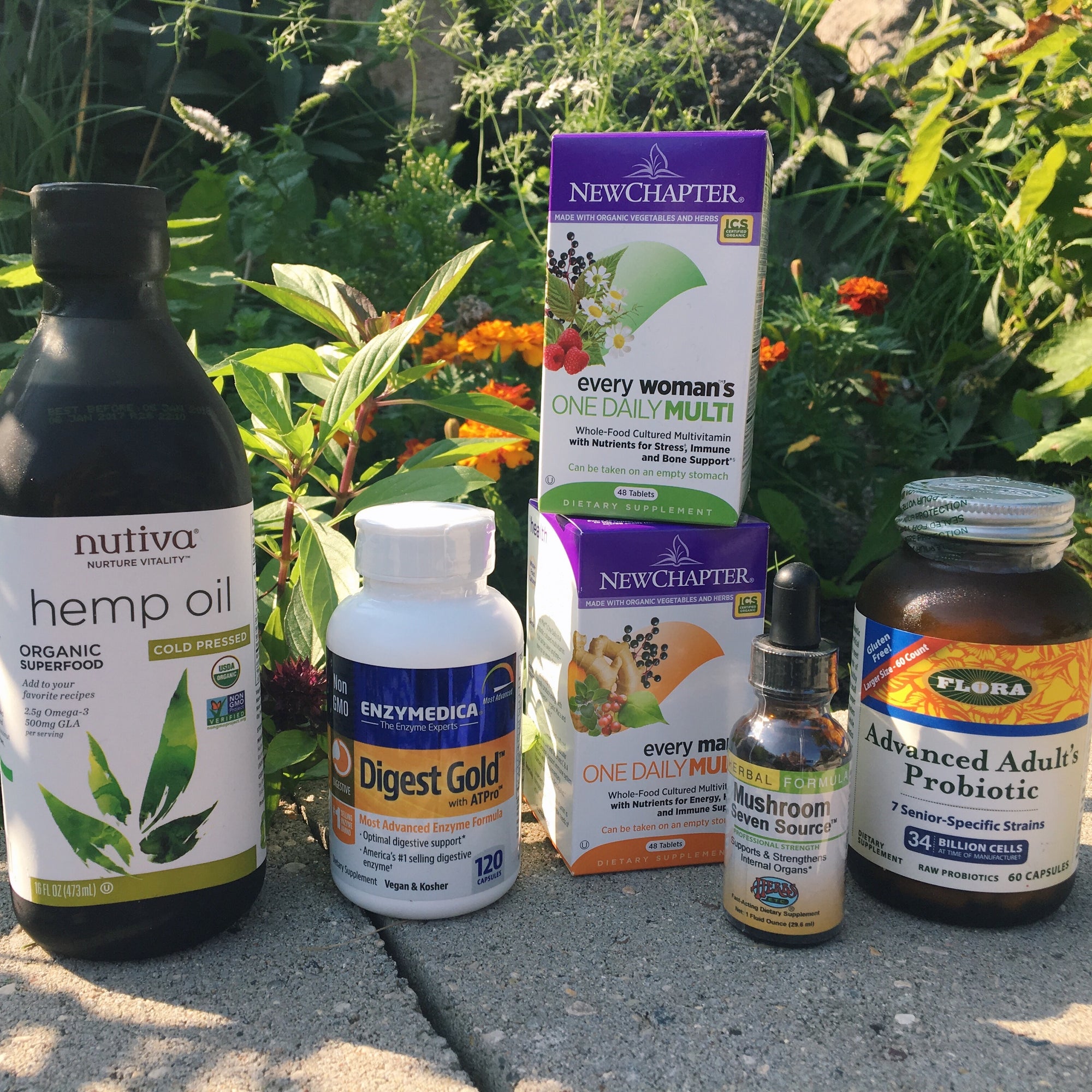 Supplements from Mastel's Health foods in a garden