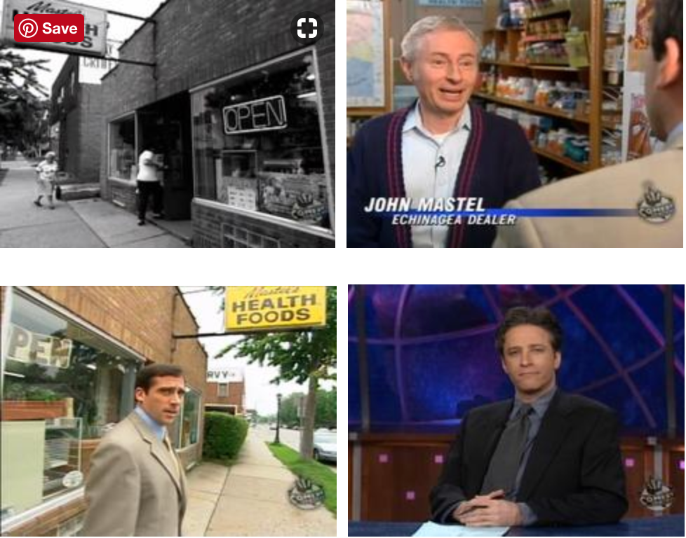 quad photo of stills from the Daily Show on Mastel's Health Foods Jon Stewart Steve Carell