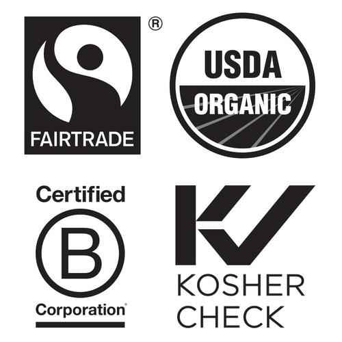 white background with black symbols for fair trade, usda organic, certified B corporations and Kosher check