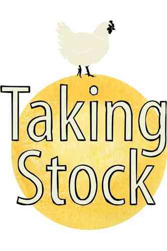 Taking Stock logo white chicken on yellow ball